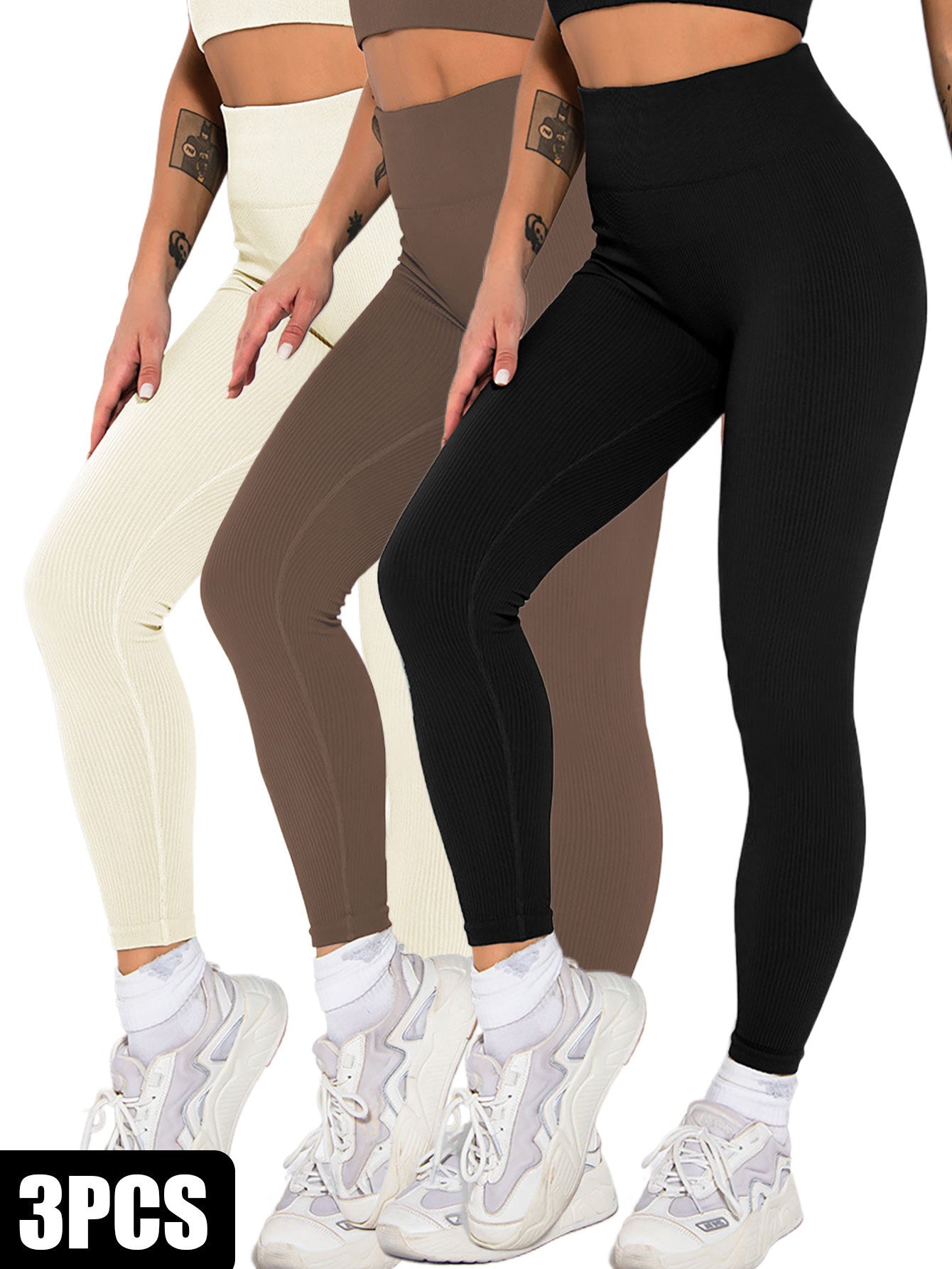 3 Pack Womens Seamless Ribbed Leggings Soft Slimming Yoga Pants, Ribbed Yoga Pants High Waisted Gym Leggings Sport Women Fitness Seamless Female