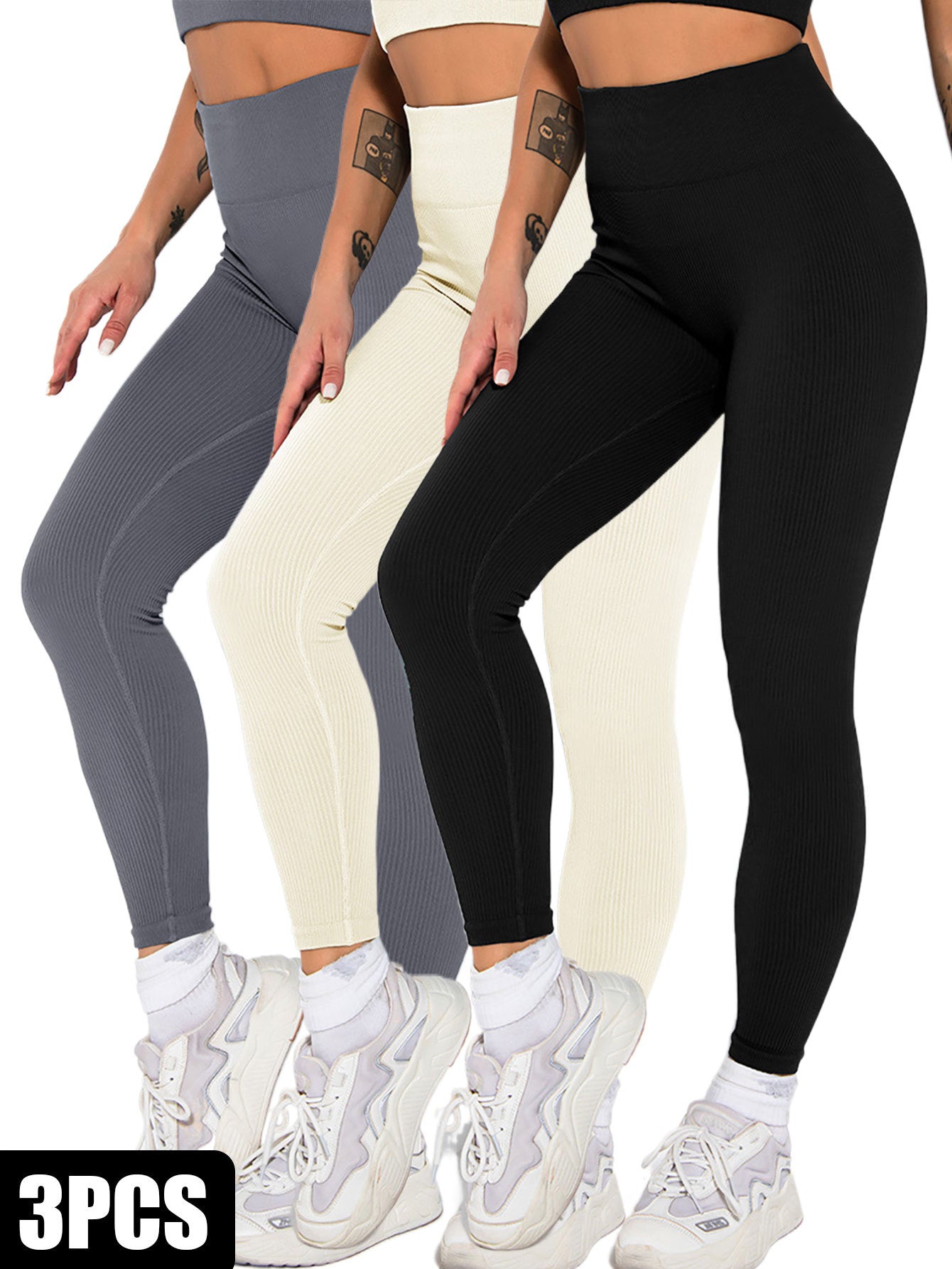 3 Pack Womens Seamless Ribbed Leggings Soft Slimming Yoga Pants, Ribbed Yoga Pants High Waisted Gym Leggings Sport Women Fitness Seamless Female